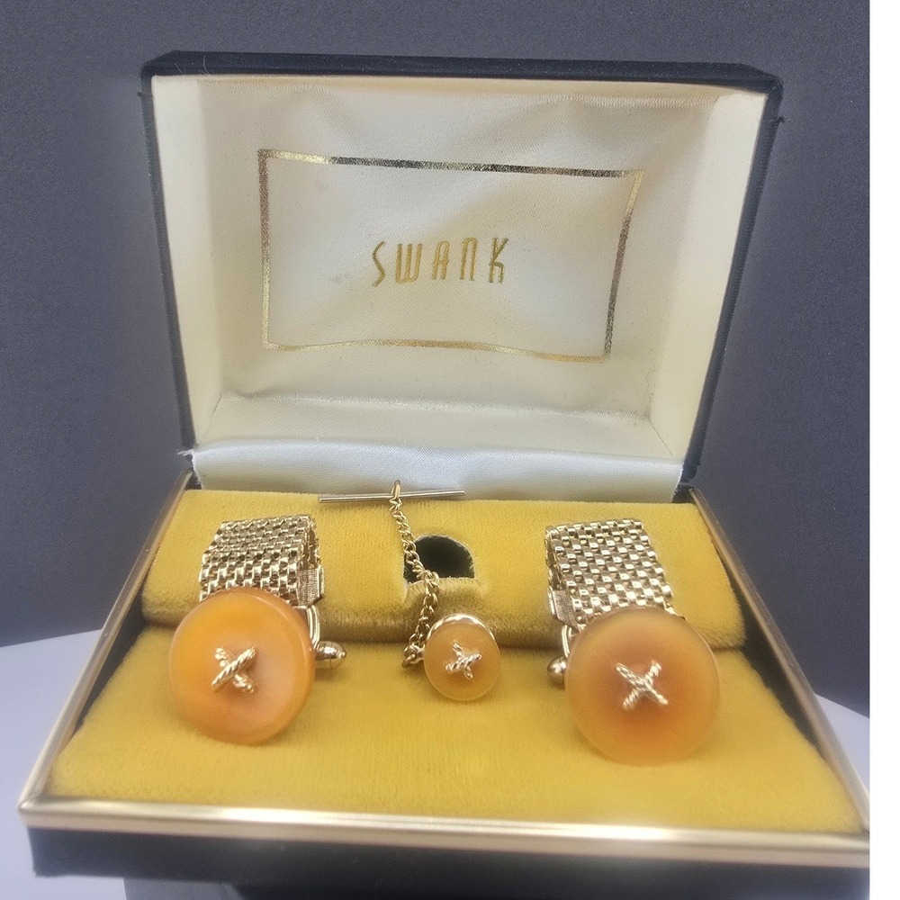 Vintage Swank Cufflinks Tie Tack Set Gold Tone Orange Mesh Wrap Around 31296